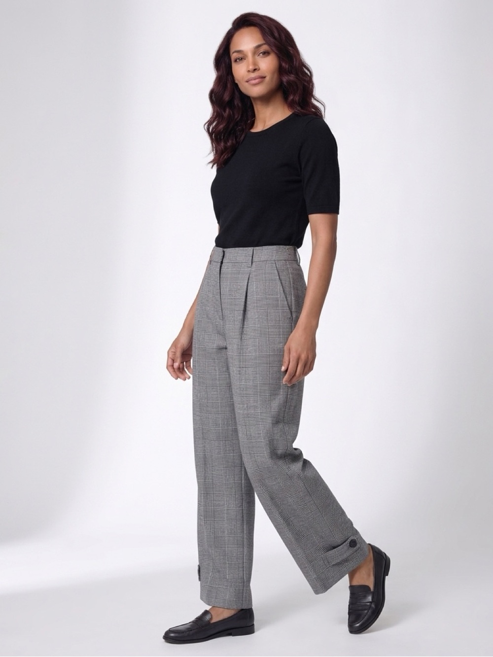 Women's Gray Plaid Wide-Leg Trousers
